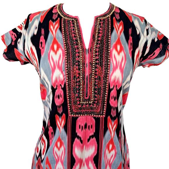 BELLA TU Ikat Hand Beaded Tunic Dress Size Small in Red Cap Sleeve - Picture 2 of 9